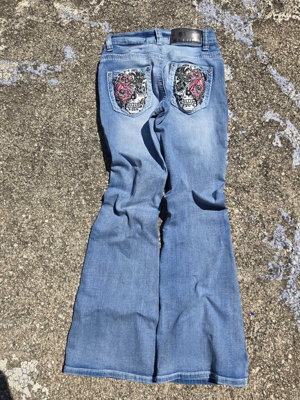 SKY Premium Y2k Embroidered Skull Bling Pocket Flare Low Rise Jeans Grunge Sz 00